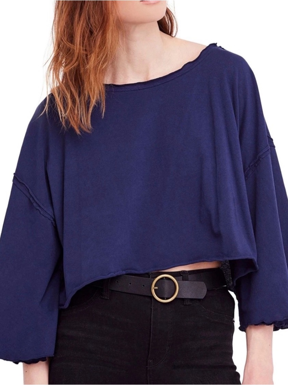 Free People Womens Bird Gang Basic T-Shirt, Navy Blue, M, NWT
